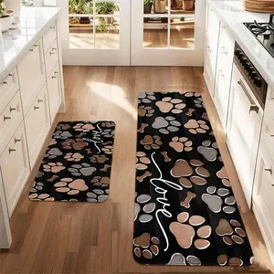 2pc Cozy Dog Paw Print Flannel Mats, Animal Printed Rug, Soft Durable Material for Kitchen, Charming Design to Brighten Your Home