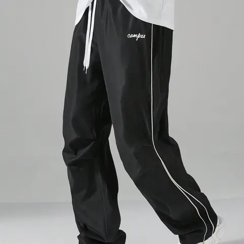 URMCZ Male Polyester Loose-Fitting Casual All-Seasons Active Running Pants - Straight Leg, Breathable Lightweight Side Striped Long Pants for Daily Workouts, Outdoor Hiking