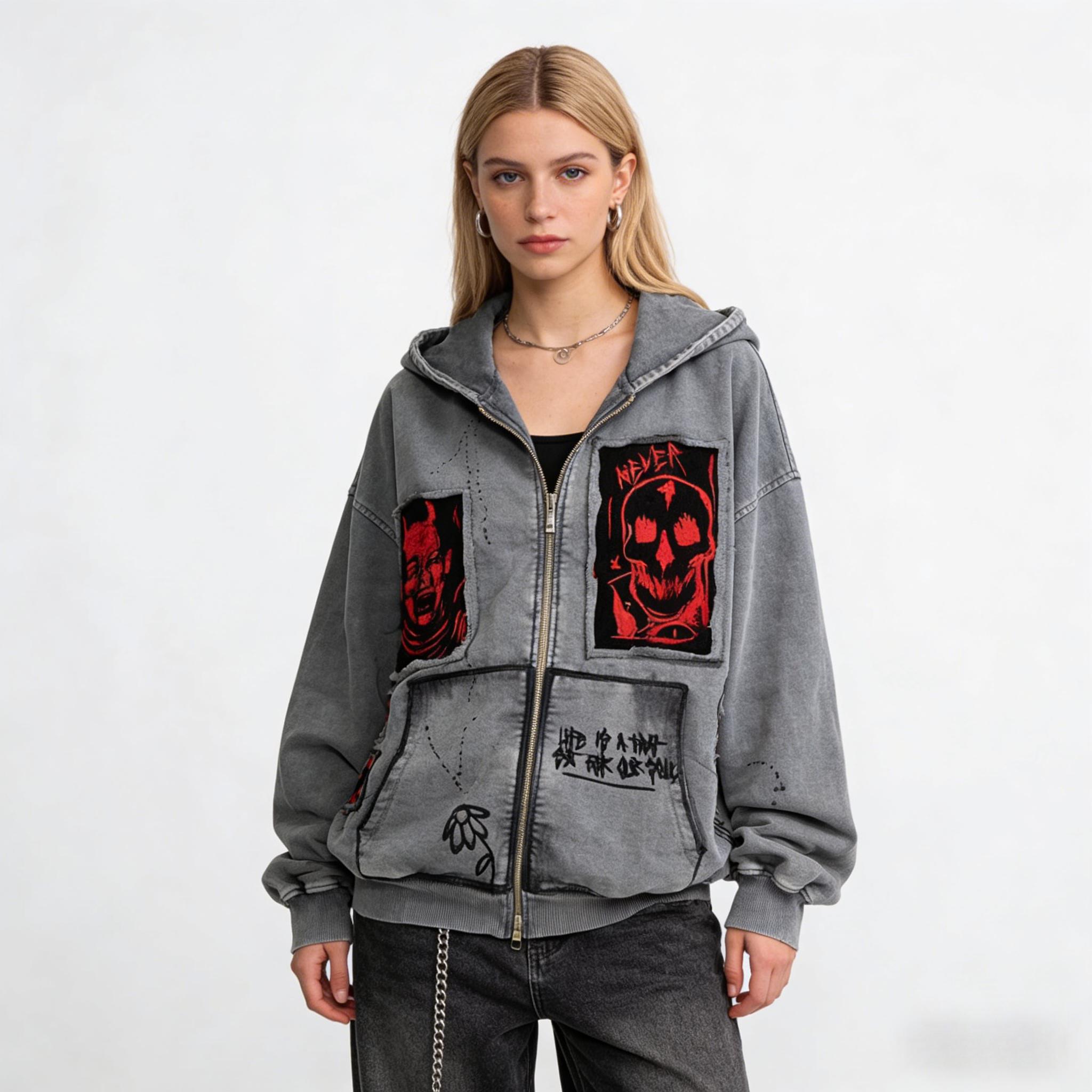 Vintage Washed Grey Oversized Zip Up Hoodie, Gothic Skull Demon Graphic Print Streetwear, Y2K Grunge Embroidered Patchwork Jacket, Punk Harajuku Casual Sweatshirt for Men Women