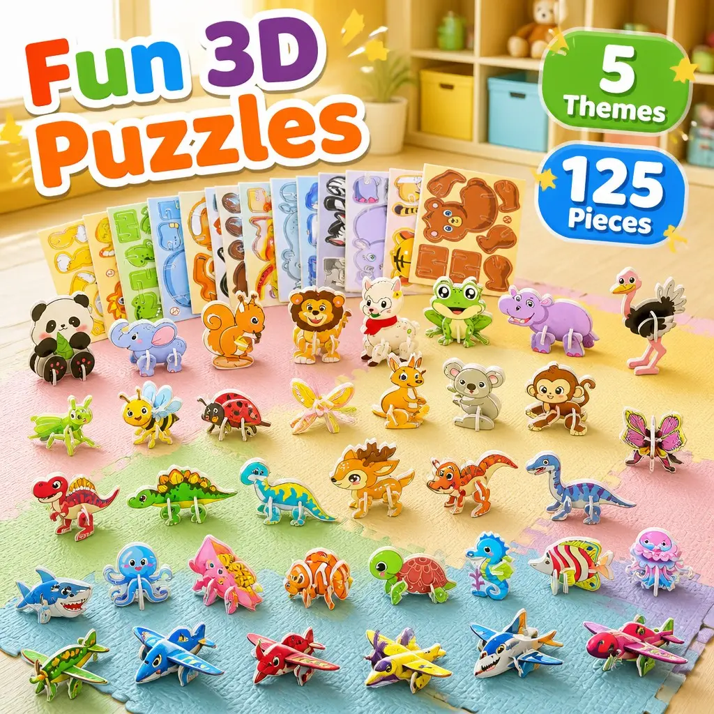 3D Puzzles for Kids Ages 3-8, 125 Piece Animal Puzzle Set with 5 Themes, Kids Learning Toys, Dinosaur Puzzles, Animal Puzzles, Hands-On Building Activity, Preschool Educational Toys, Fine Motor Skills and Creative Learning Toy