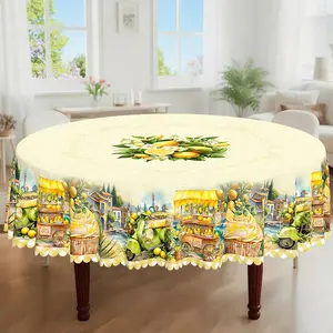 1pc, Spring Summer Themed Party Tablecloth, Buffalo Check Lemon Cake Printed Design, Rectangular/Round/Oval Table Cloth, Embossed Edges, Suitable For Picnic Dinner Kitchen Dining Room Decoration