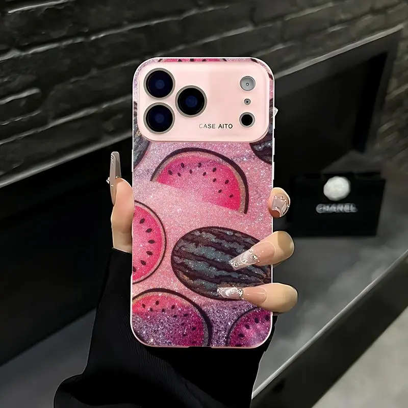 Watermelon slice pattern phone case. Compatible with iPhone 17 Pro Max, 16 Pro Max, 15 Pro Max, and 14 Pro Max. Includes lens protection. Also compatible with iPhone 15, 14, 13, and 12. Made of skin-friendly TPU material.