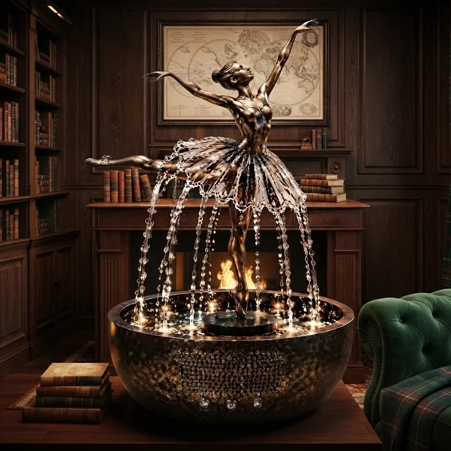 Elegant Ballerina Water Fountain Sculpture – Bronze Dancer Figurine with Cascading Water Streams & Light-Up Basin, Luxury Indoor Tabletop Decor for Living Room, Office, Home Aesthetic, Unique Artistic Gift for Dance Lovers & Art Collectors