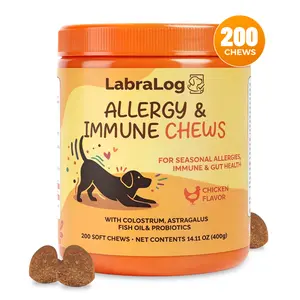 [200ct] Dog Allergy Support Soft Chews - Bovine Colostrum & Omega-3 for Skin & Ear Health - Probiotics & Astragalus Seasonal Immune Supplement - Chicken Flavor