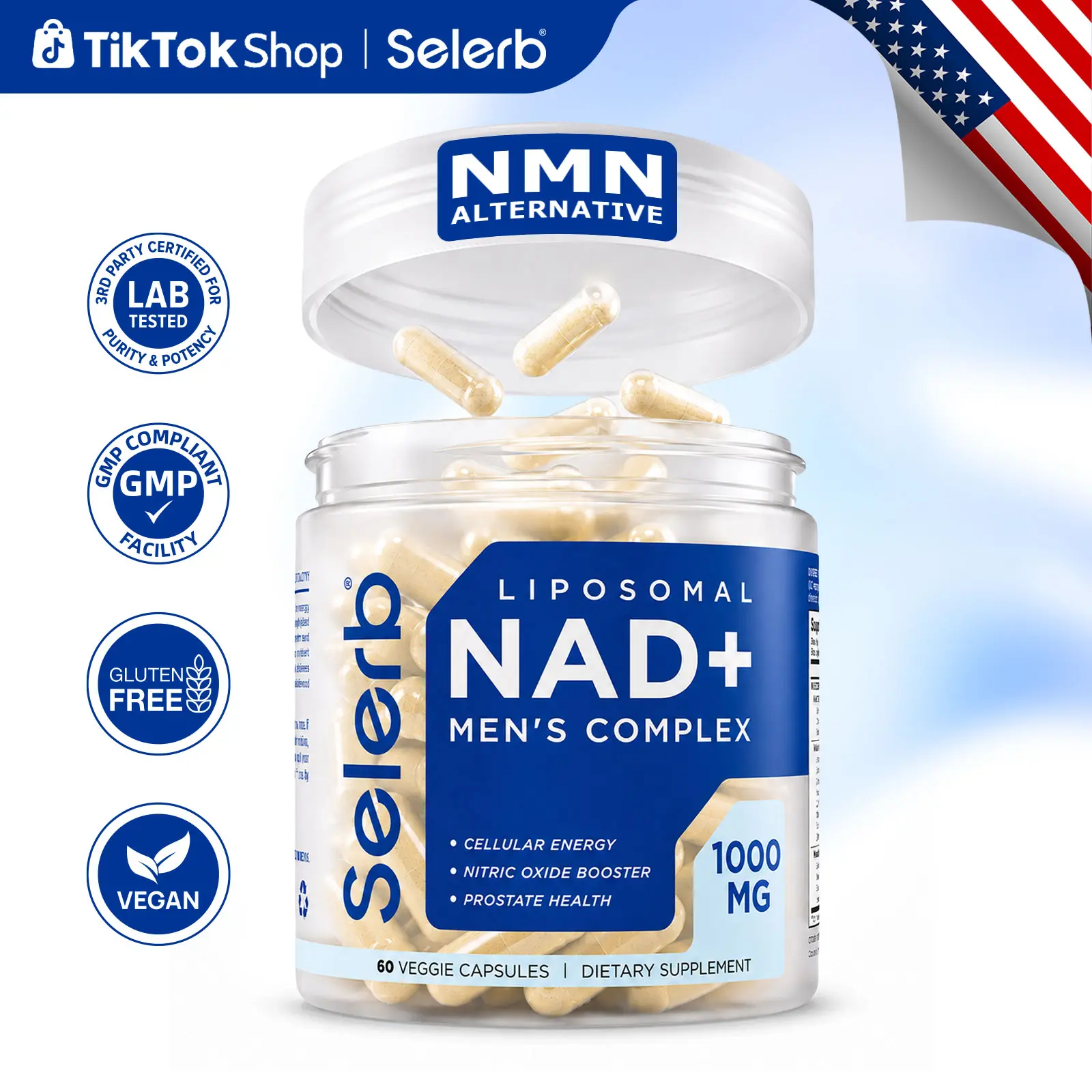 Selerb NAD+ Supplement for Men with NMN - Liposomal Complex with Trans-Resveratrol, CoQ10, Maca & Ashwagandha - Supports Cellular Renewal, Energy & Performance - 60 Capsules Dietary Healthcare Vitamins
