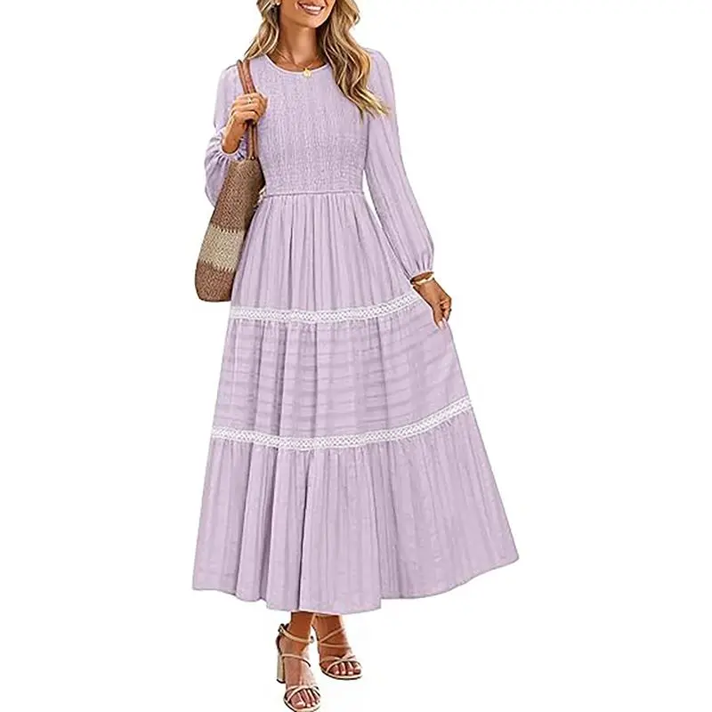 ZESICA 2026 Women’s Long Sleeve Maxi Dress – Smocked A-Line Tiered Flowy Crewneck Dress, Chic Fall Look, Halloween Party & Wedding Guest Outfit