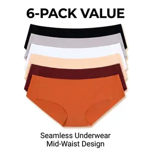 Womens Seamless Mid Waist Underwear Full Coverage No Show Briefs 6-packs