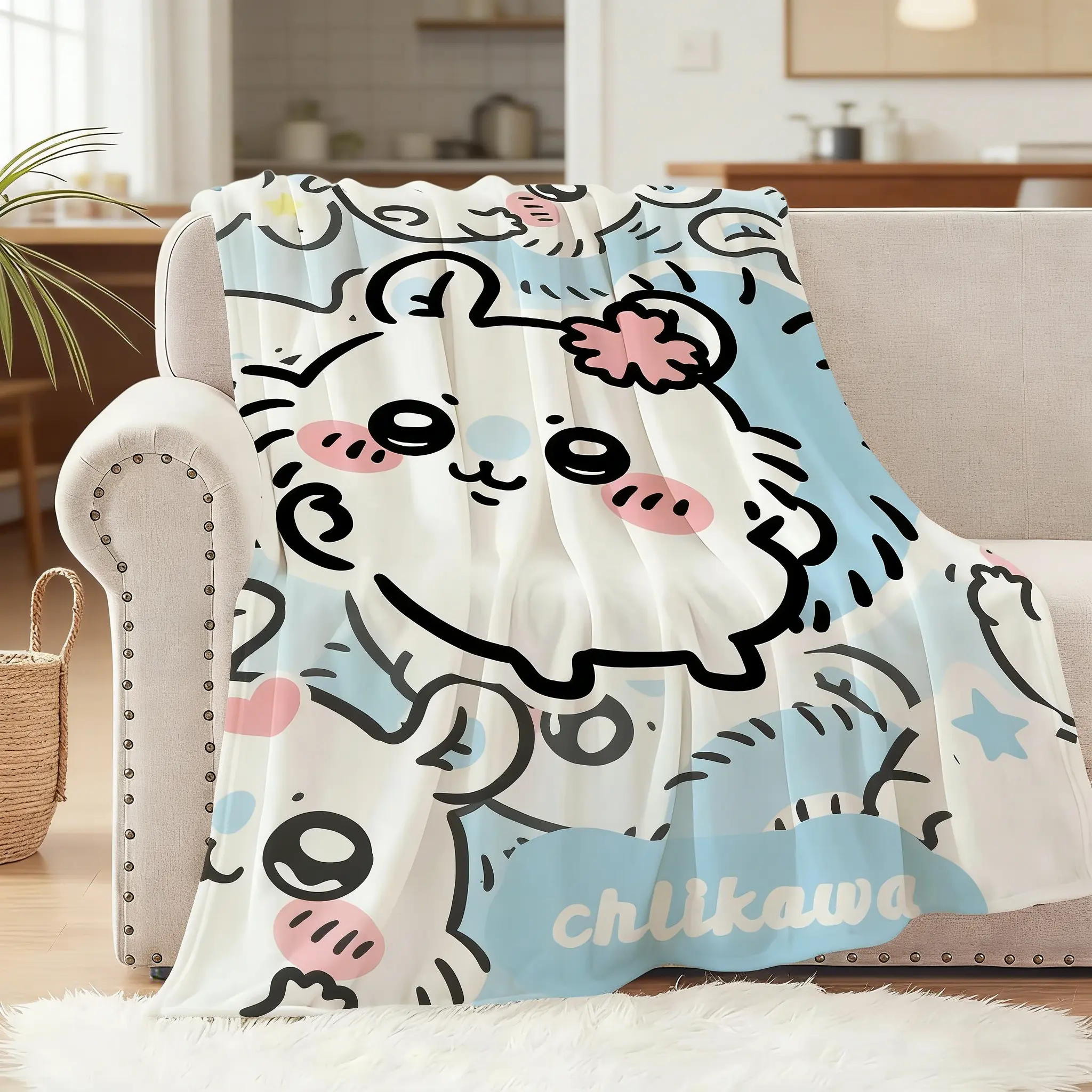 Cute Momonga Chiikawa Anime Art Styles Flannel Blanket - 40" x 30" Premium Wrinkle Resistant Plush Nap Throw for Living Room, Garden, Child Gift for Mother's Day, Valentine's Day, Christmas