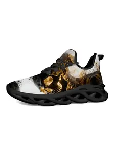 Exclusive Dark Flame Skull Print Sneakers, Streetwear Art Style, Skull Flame, Hollow Out Shock Absorption, Gold Gradient, Trendy Youth Shoes