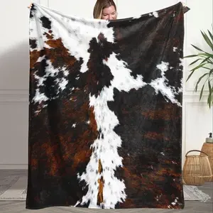 1pc Cowhide Pattern Flannel Fleece Throw Blanket Soft Brown and White Animal Print Blanket for Sofa Couch Bed Camping