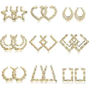 FINREZIO 9 Pairs Large Bamboo Hoop Earring Set for Women 80s/90s Hip Hop Oversized Hollow Geometric Statement Bamboo Earrings Party Costume Accessory Jewelry Daily