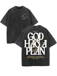 Retro Washed Double Sided Printed(230 Pure ) 'GOD HAS A PLAN' Letter Print, Men's, Men'S Casual, Comfortable, Fashionable, Street Style