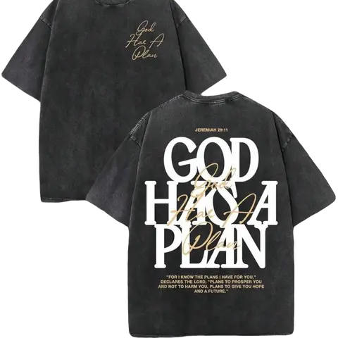 Men's Retro Washed 230 Pure Cotton Round Neck Short-Sleeve T-Shirt - Double-Sided "GOD HAS A PLAN" Letter Print, Casual, Comfortable, Faith Statement Streetwear, Christian Top, Free Movement, All Seasons, Tshirt, Graphic Tees, Father's Day Gift