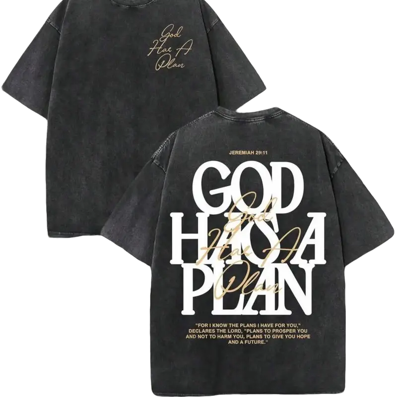 Men's Retro Washed 230 Pure Cotton Round Neck Short-Sleeve T-Shirt - Double-Sided "GOD HAS A PLAN" Letter Print, Casual, Comfortable, Faith Statement Streetwear, Christian Top, Free Movement, All Seasons, Tshirt, Graphic Tees, Father's Day Gift