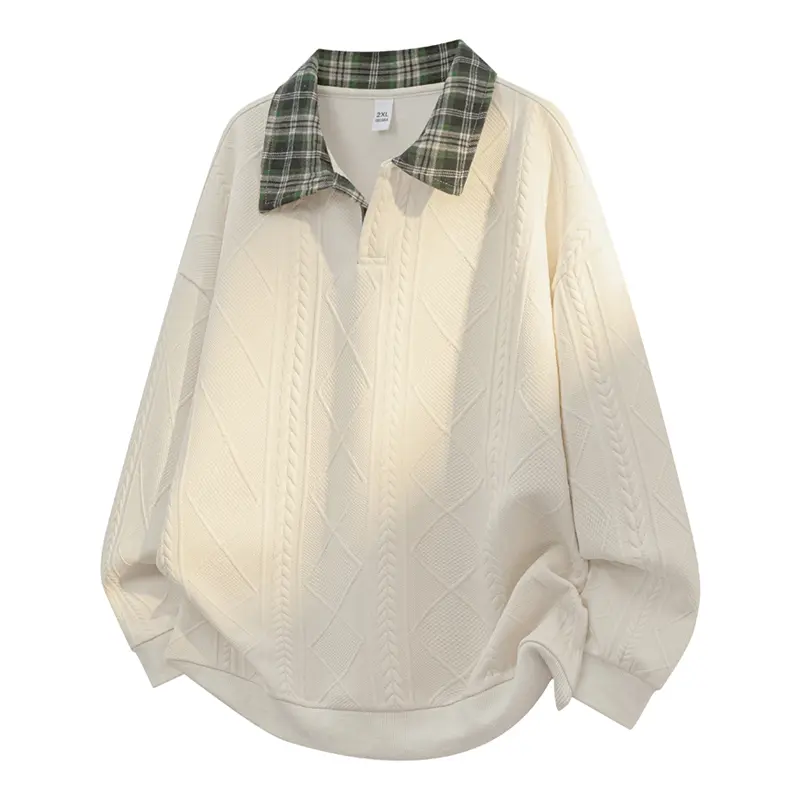 Men's Retro Preppy Polo Sweater, Chic Geometric Jacquard Knit with Plaid Lapel, Long Sleeve Oversized Menswear Knitwear, Holiday, Polyester Blend, Collared Lapel, Loose Fit