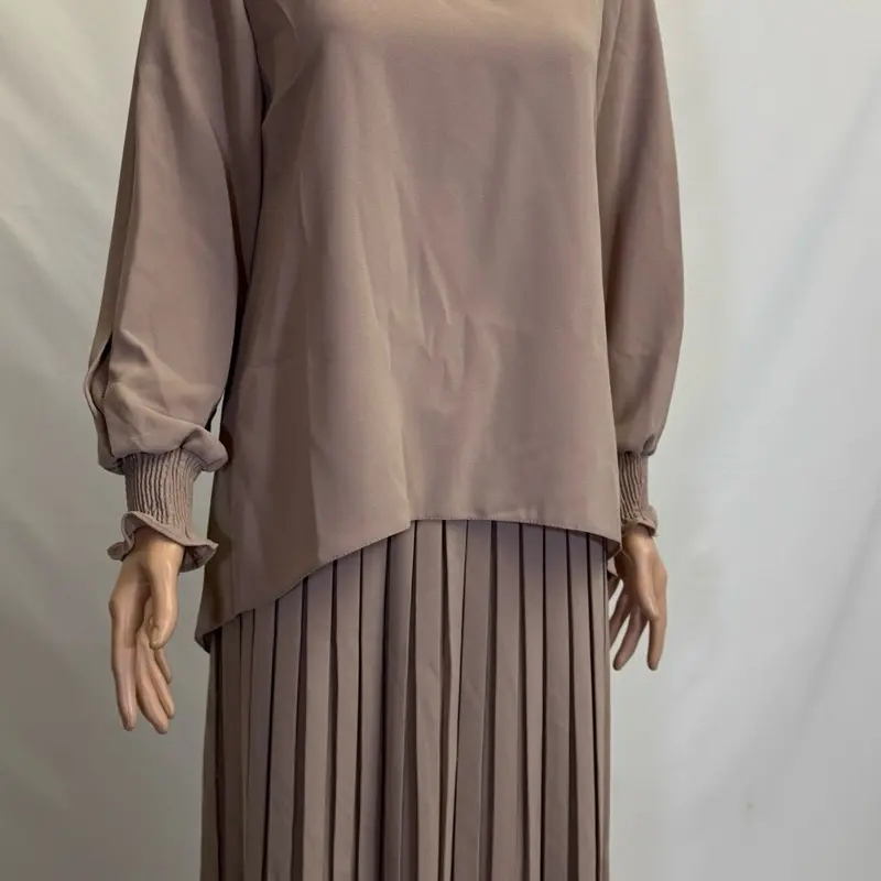 Beige Pleated Skirt and Blouse with Stones on Arms Maxi Length Long Sleeve Fashion Set