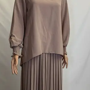 Beige Pleated Skirt and Blouse with Stones on Arms Maxi Length Long Sleeve Fashion Set