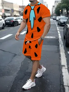 Men's Two-Piece Set, Fun Cartoon Style, Modern Caveman Print, Round Neck, Short Sleeve, Shorts, Breathable, Comfortable, Casual