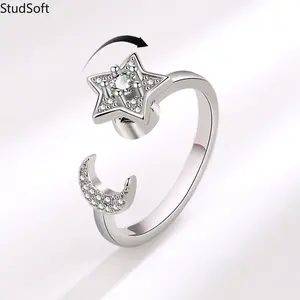 2026 New Arrival: "Stars and Moon Intertwined" Spinning Ring for Women — Adjustable Open-Band Star, Moon, and Zirconia Stress-Relief Ring