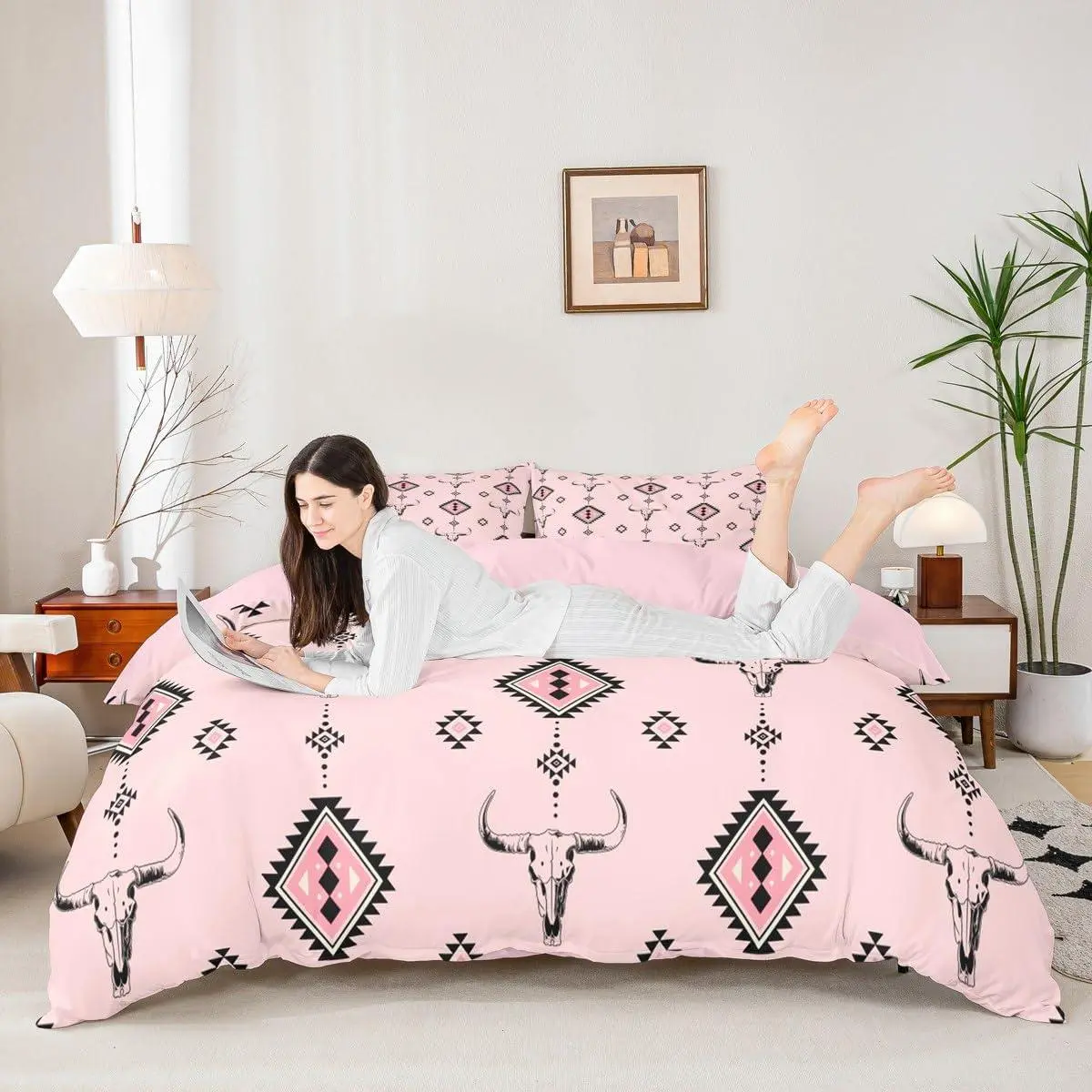 Tribal Duvet Cover,Western Farmhouse Native Ethnic Quilt Cover(No Filler),Cowgirl Pink Bedding Setsouthwest Tribal Aztec Kids Room Decor