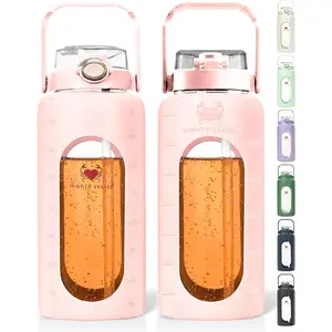 64 Oz Water Bottle with Time Marker & Straw - Pink Pregnancy 2 Liter Glass Water Bottles with Measurements - Daily intake bottle - Leakproof Borosilicate jug
