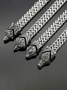 Nordic Mythology Viking Totem Stainless Steel Bracelet, Wolf Eagle Snake Head Heavy Chain Dual-Sided Punk Style Men's Wristband