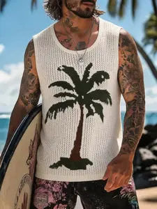Men's Palm Tree Hollow Out Knit Vest | Sleeveless Beach Vacation Summer Top