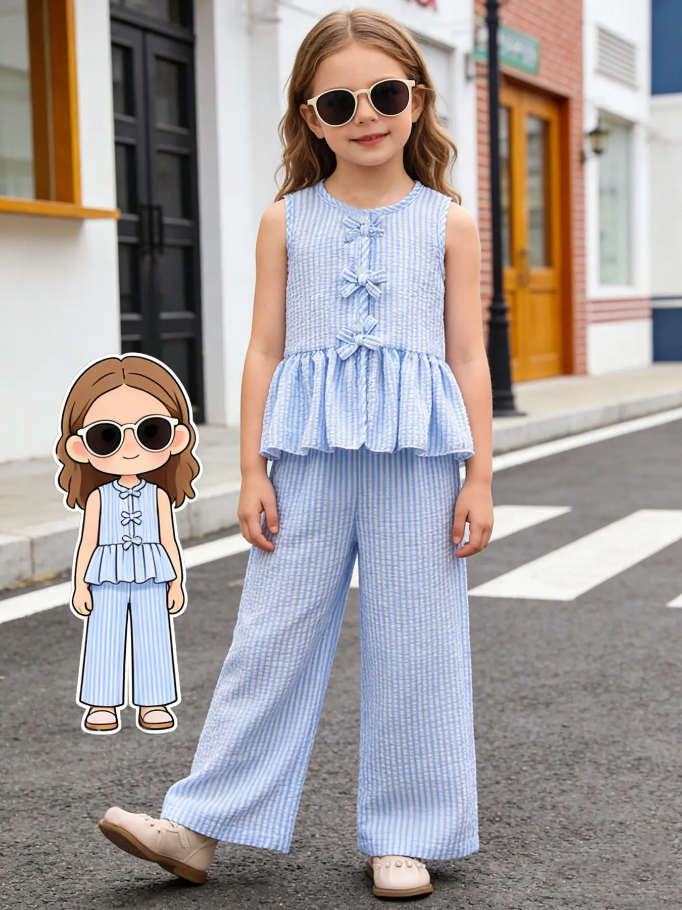 Girls' Summer Set, Fashion Set, Blue & Striped Bow Tie Sleeveless Top & Wide Leg Pants, Sweet Two-Piece Ensemble for Girls, Summer Clothing Set, Summer Outfits Set