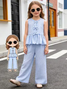Girls' Summer Set, Blue & Striped Bow Tie Sleeveless Top & Wide Leg Pants, Sweet Two-Piece Ensemble for Girls, Casual Outfit Set, Summer Clothing Set