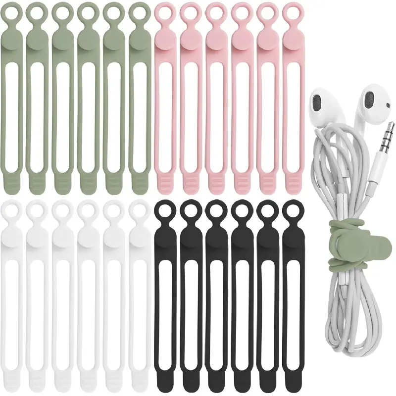 24 Pack Reusable Silicone Cable Straps 4 Colors Flexible Cord Organizer Ties For Earphones Phone Chargers Laptop Computer Wires Multi Purpose Wire Bundling Holder For Home Office Kitchen School Desk Electronic Cable Storage Supplies