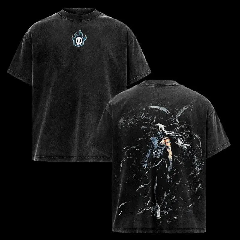 Men's Short-Sleeve T-Shirt - Otaku Style, Bleach Ichigo Kurosaki Graphic, Valentine Festive Round Neck, Vintage Washed Oversized, Distressed Substitute Shinigami Print, Casual Street Comfy Sports Menswear Top for Figure-Focused Anime Fans, Anime Figure Pr