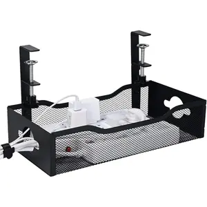 Large Under Desk  Management Tray - Heavy Duty Metal Cord Organizer with No Drill Installation for Office &  Office Desks to  Wires & Power Strips (Black, XL)