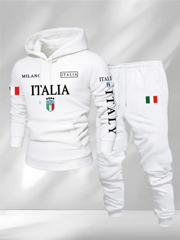 Men's Letter Print Casual Sportswear Set, Hooded Sweatshirt & Drawstring Pants, Fall Winter Comfortable, 2 Piece Set, Sweatsuit Set Outfit