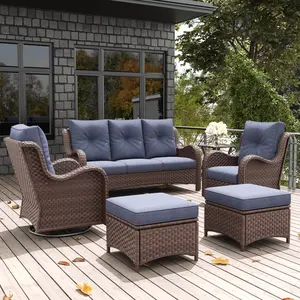 LayinSun 6 Pieces Outdoor Patio Furniture Set, Rattan Wicker Sectional Swivel Rocker Chairs Sets with Ottomans, Swivel Glider Chairs, and Coffee Table