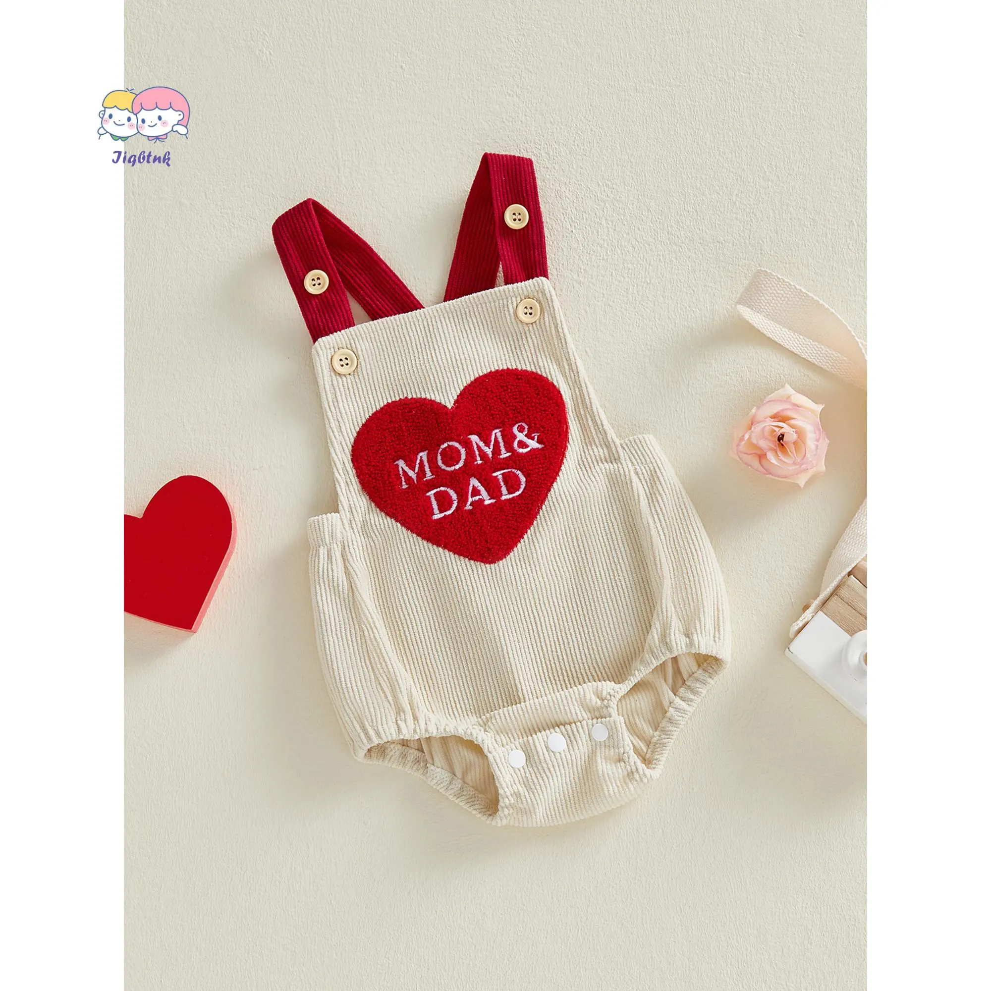Unisex Baby Valentine's Day Bubble Romper with Heart & Letter Embroidery, Sleeveless Square Neck Polyester Jumpsuit Outfit, 0-3 Months, Letters, Infant, Heart Letters