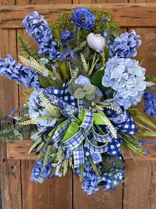 Blue Spring Wreath — 18" Moss Wreath Base, Ready to Ship, Front Door Easter Deco