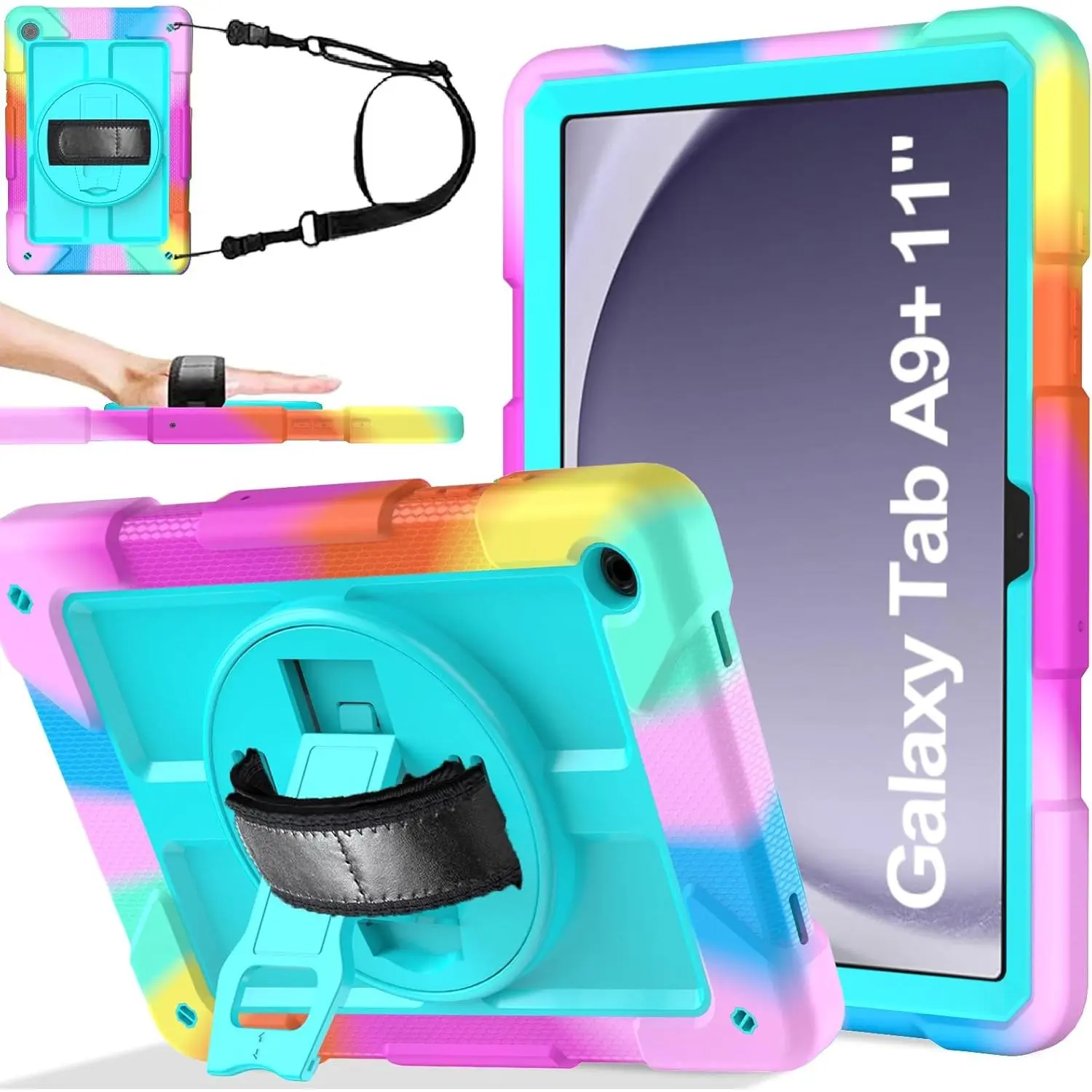 CASE for  Galaxy Tab A9+/A9 Plus Case 11" 2023 (SM-X210/X216/X218), Shockproof Galaxy Tab A9 Plus Case with Rotating Stand and Hand/ Strap, Turquoise