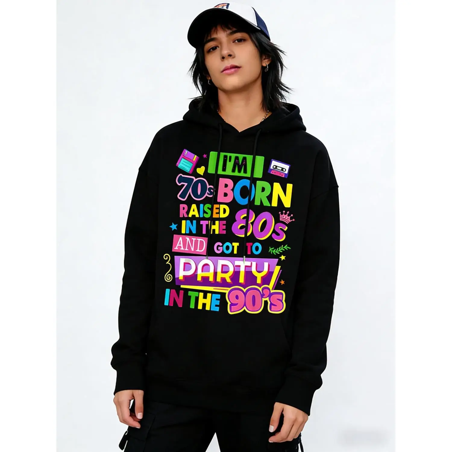 90s Retro Skateboarding Hoodie for Women Vintage Cotton Printed Hoodie for Music Festival Party