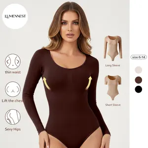 LUMENNEST Women's Minimalist U-Neck Seamless Long Sleeve Bodysuit, Solid Color Stretch Lifting Design Shapewear, Lightweight Bodycon Womenswear
