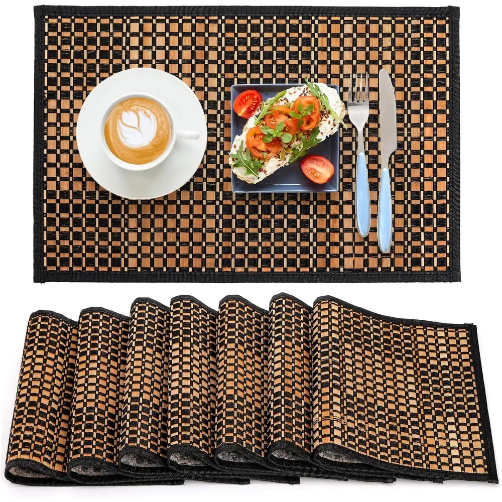 8-Pack Durable Rectangle Bamboo Placemats (18x12 in) - Natural, Anti-Slip, Heatproof, Washable Plaid Japanese Tableware for Coffee, Kitchen Furniture Protection, Christmas Day, Eating