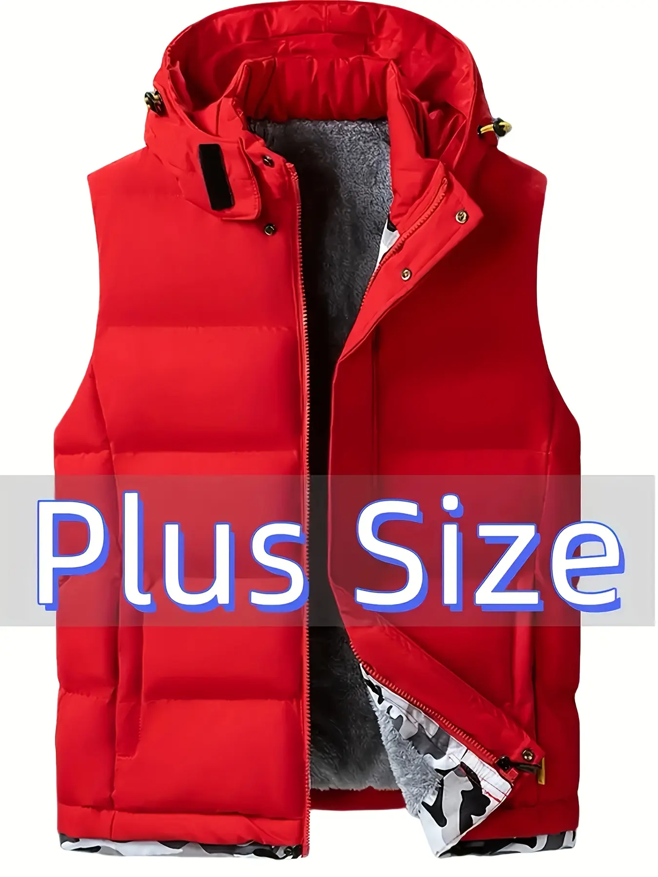 Plus-size men’s hooded vest for autumn/winter, fleece-lined warm outerwear vest, camouflage patchwork design, suitable for everyday casual wear, outdoor fishing, and holiday travel; a great gift for men for Halloween and Christmas.