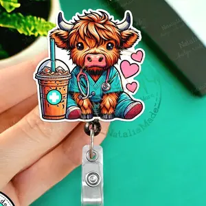 Highland Cow In Scrubs Retractable Badge Reel- Cute Cow with Coffee ID Badge Holder for Nurses, Pediatrics, NICU Labor and Delivery Name Badges for Healthcare Staff