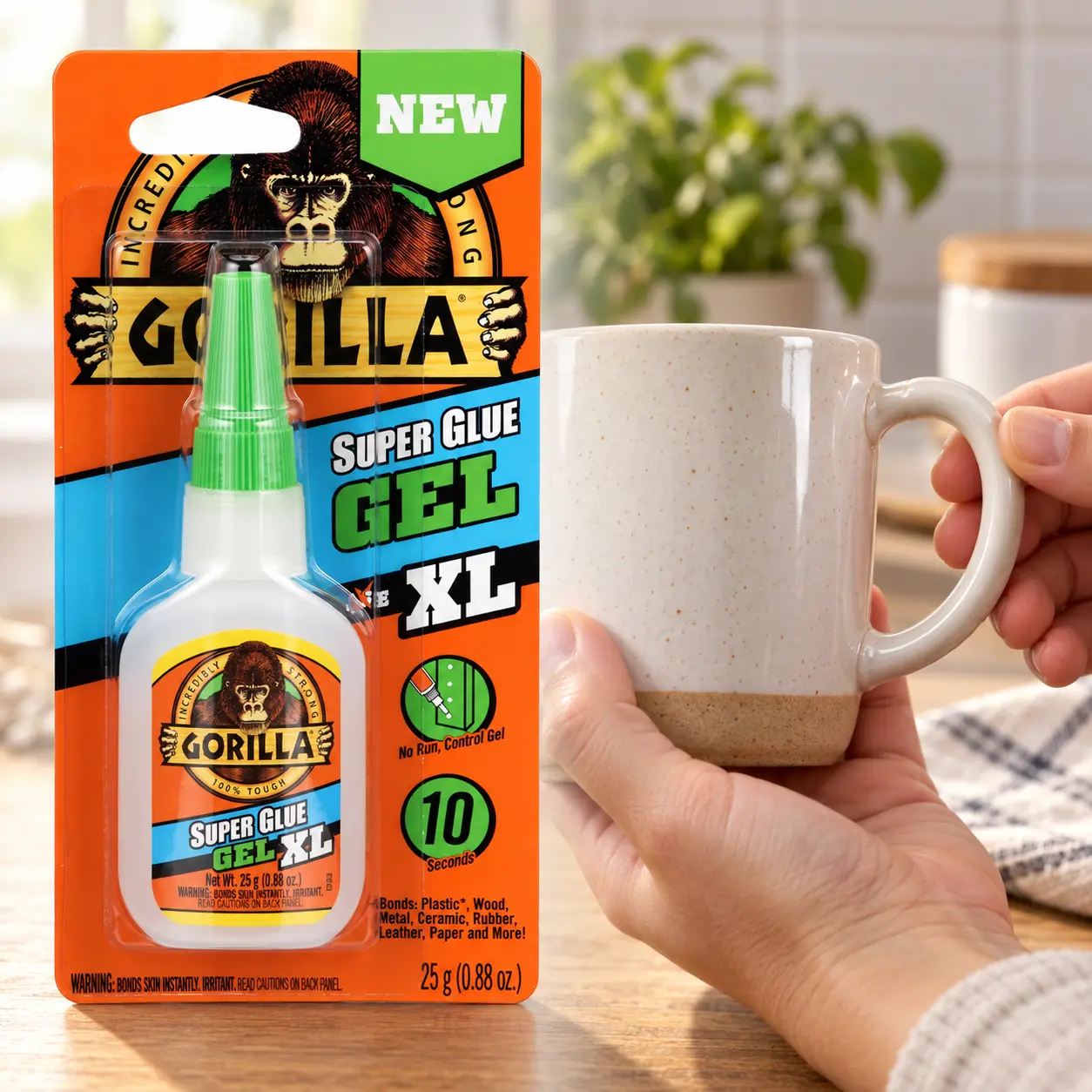 Gorilla Super Glue Gel XL 25g 0.88 oz,no-run control gel,10-second bond,impact tough,anti-clog cap,clear dry,no clamping,vertical applications,precision repairs,plastic,wood,metal,ceramic,rubber,leather,paper,stone,models,figurines,accessories,small parts