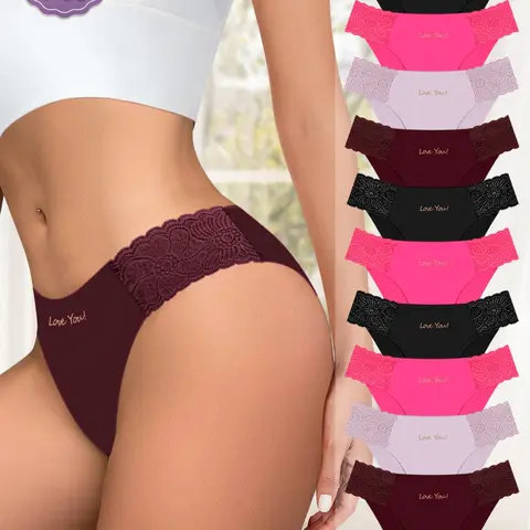 10-Pack MEIYATING Women's Low-Waist Thong Underwear, Low Rise Underwear, Fashion Panties, Soft Fit Panty, Plain Color, Lace Trim, Lightweight Breathable, High-Quality Skin-Friendly Trunk