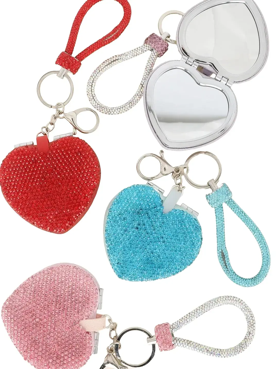 Rhinestone Heart Shaped Compact Mirror Wristlet Keychain