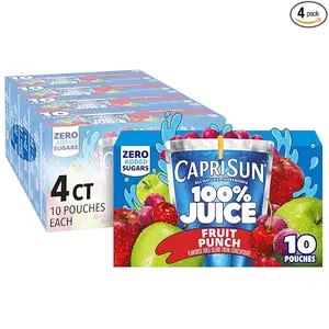 Capri Sun 100% Juice Fruit Punch Naturally Flavored Juice Blend, 40 ct Pack, 4 Boxes of 10 Pouches