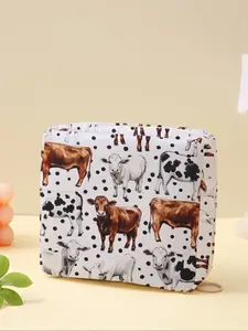 Portable Cow Pattern Sanitary Pad Multipurpose Storage Bag, Lightweight Women's Organizer, Travel Cosmetic Box, Cute Random Print, All Seasons, Storage Tote