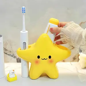 Cute Cartoon Star Toothbrush Holder, Toothbrush Organizer with Toothpaste Shelf for Bathroom Countertop