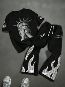 Men's Short Sleeve Streetwear Tracksuit Set, Faux Diamond Goddess Pattern, Style, All Seasons Wear, Casual Daily Commute Gift Idea