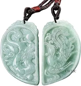 Natural Jade Beads Green Jade Carved Dragon Phoenix Pendant Couple's Pendant Adjustable Rope Unisex Eternal Love Symbol